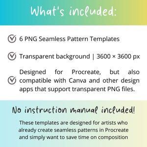 Peut inclure: Un graphique num&eacute;rique listant le contenu d'un t&eacute;l&eacute;chargement : 6 mod&egrave;les de motifs sans couture PNG avec arri&egrave;re-plans transparents en 3600 x 3600 px. Le texte indique qu'ils sont con&ccedil;us pour Procreate, compatibles avec Canva, sans manuel.