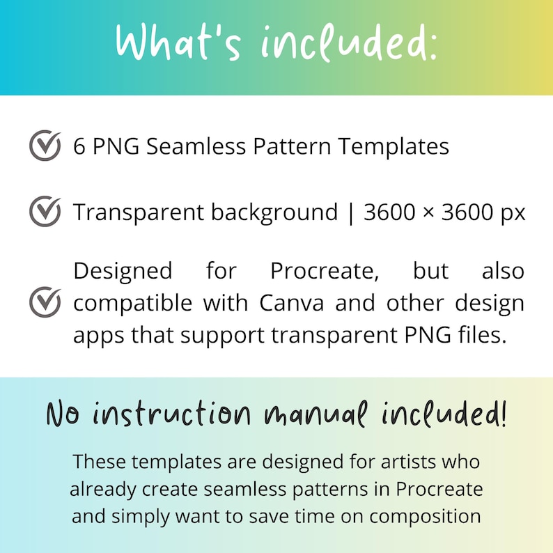 Peut inclure: Un graphique num&eacute;rique listant le contenu d'un t&eacute;l&eacute;chargement : 6 mod&egrave;les de motifs sans couture PNG avec arri&egrave;re-plans transparents en 3600 x 3600 px. Le texte indique qu'ils sont con&ccedil;us pour Procreate, compatibles avec Canva, sans manuel.