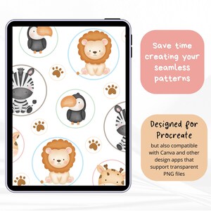 K&ouml;nnte beinhalten: Ein Tablet-Bildschirm mit einem nahtlosen Muster aus Aquarell-Safari-Tieren wie L&ouml;wen, Zebras, Tukanen und Giraffen in Kreisen sowie Pfotenabdr&uuml;cken. Text: Save time creating your seamless patterns. Designed for Procreate.