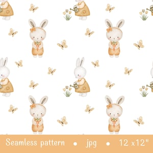 Bunny Garden Seamless Pattern, Cute Rabbit Floral Digital Paper, Girly Spring Background, Repeating Pattern for Scrapbook & Crafts