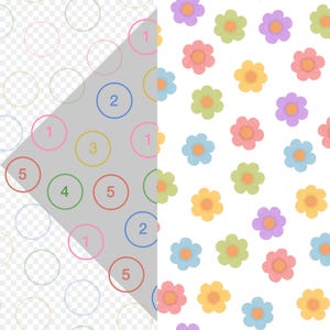 Puede incluir: Un patr&oacute;n repetitivo de flores de seis p&eacute;talos en tonos rosa, amarillo, azul claro, morado y verde claro sobre un fondo blanco, con una secci&oacute;n triangular gris parcialmente superpuesta que contiene c&iacute;rculos numerados de varios colores.