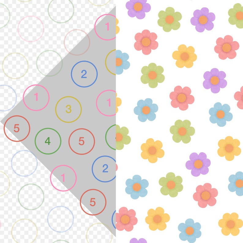Puede incluir: Un patr&oacute;n repetitivo de flores de seis p&eacute;talos en tonos rosa, amarillo, azul claro, morado y verde claro sobre un fondo blanco, con una secci&oacute;n triangular gris parcialmente superpuesta que contiene c&iacute;rculos numerados de varios colores.
