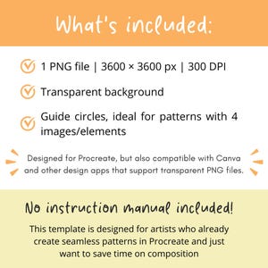 May include: A digital template for seamless patterns featuring the text What's included: 1 PNG file, 3600 x 3600 px, 300 DPI, transparent background, and guide circles for 4 elements. It notes compatibility with Procreate and Canva, and states no manual is included.
