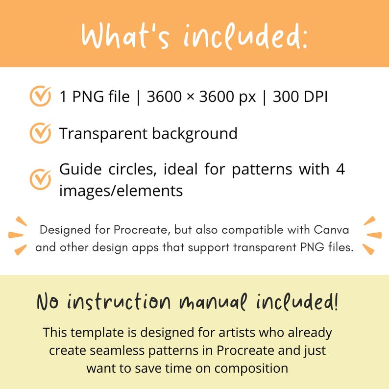 May include: A digital template for seamless patterns featuring the text What's included: 1 PNG file, 3600 x 3600 px, 300 DPI, transparent background, and guide circles for 4 elements. It notes compatibility with Procreate and Canva, and states no manual is included.