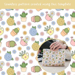 May include: A rectangular zipped pouch featuring a repeating pattern of potted cacti, yellow and blue watering cans with flowers, and clusters of yellow and blue hydrangea blossoms on a white background. The text reads: Seamless pattern created using this template.