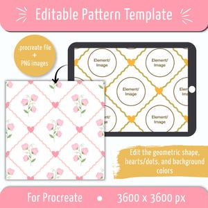 Puede incluir: Una plantilla de patrón editable para Procreate con fondo blanco, una cuadrícula de diamantes ondulados rosas, corazones rosas en las intersecciones e ilustraciones de flores rosas. Incluye una tableta con marcadores de posición circulares.