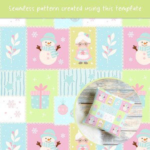 May include: A square throw cushion featuring a repeating pattern of snowmen, Mrs. Claus, gift boxes, ornaments, and snowflakes in pastel pink, blue, and green. The design includes white sprigs and stars on a grid-like background.