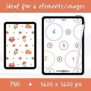 Peut inclure: Deux tablettes affichant des motifs num&eacute;riques. L'&eacute;cran de gauche pr&eacute;sente un motif r&eacute;p&eacute;titif de cerises, de fleurs et de feuilles d'&eacute;rable. L'&eacute;cran de droite montre des cercles color&eacute;s avec les chiffres 1, 2, 4, 5 et la lettre a, avec un stylet blanc.