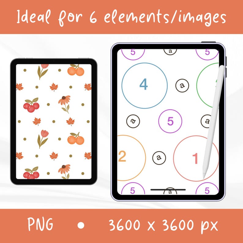 Peut inclure: Deux tablettes affichant des motifs num&eacute;riques. L'&eacute;cran de gauche pr&eacute;sente un motif r&eacute;p&eacute;titif de cerises, de fleurs et de feuilles d'&eacute;rable. L'&eacute;cran de droite montre des cercles color&eacute;s avec les chiffres 1, 2, 4, 5 et la lettre a, avec un stylet blanc.