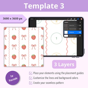 Puede incluir: Una plantilla digital para Procreate con un patr&oacute;n continuo de fresas rojas y lazos rosas sobre fondo blanco. La interfaz muestra una tableta con un panel de capas, gu&iacute;as de colocaci&oacute;n y el texto Template 3.