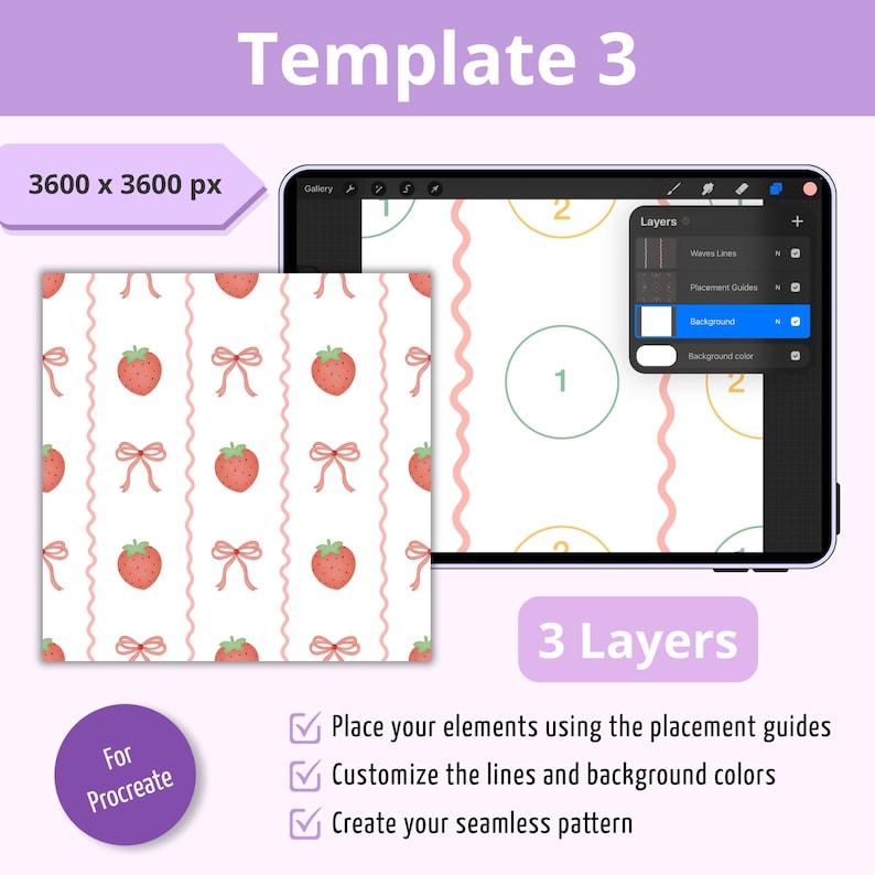 Puede incluir: Una plantilla digital para Procreate con un patr&oacute;n continuo de fresas rojas y lazos rosas sobre fondo blanco. La interfaz muestra una tableta con un panel de capas, gu&iacute;as de colocaci&oacute;n y el texto Template 3.