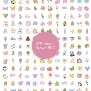 May include: A collection of 179 hand-drawn digital illustrations featuring colourful icons of animals, flowers, plants, hearts, stars, and bows. A large pink circle in the centre displays the text 179 Hand-Drawn PNG in white lettering.