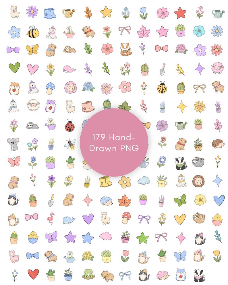 May include: A collection of 179 hand-drawn digital illustrations featuring colourful icons of animals, flowers, plants, hearts, stars, and bows. A large pink circle in the centre displays the text 179 Hand-Drawn PNG in white lettering.