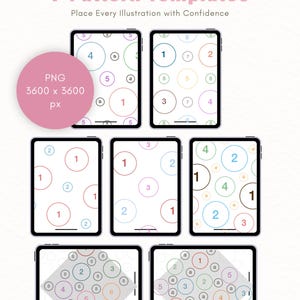 May include: Seven digital pattern templates displayed on tablet screens. The text reads 7 Pattern Templates, Place Every Illustration with Confidence, and PNG 3600 x 3600 px. Each screen shows various circular layouts with numbers and letters.