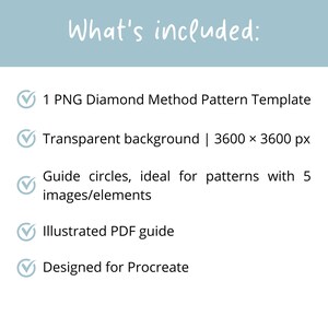 Puede incluir: Una lista de productos digitales titulada What's included: que incluye 1 plantilla de patr&oacute;n Diamond Method en PNG, fondo transparente de 3600 x 3600 px, c&iacute;rculos gu&iacute;a para 5 im&aacute;genes o elementos, una gu&iacute;a PDF ilustrada y dise&ntilde;o para Procreate.