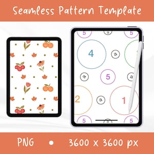Könnte beinhalten: Zwei Tablets mit digitalen Mustern. Das linke Tablet zeigt ein nahtloses Design mit roten Kirschen, orangefarbenen Blumen und braunen Ahornblättern. Das rechte Tablet zeigt einen weißen Hintergrund mit bunten Kreisen, den Zahlen 1, 2, 4, 5 und dem Buchstaben a.