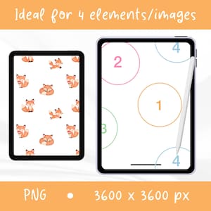 Peut inclure: Deux tablettes pr&eacute;sent&eacute;es sur un fond orange. La tablette de gauche affiche un motif r&eacute;p&eacute;titif de renards orange sur fond blanc. La tablette de droite pr&eacute;sente quatre cercles num&eacute;rot&eacute;s en rose, orange, vert et bleu, avec un stylet blanc.