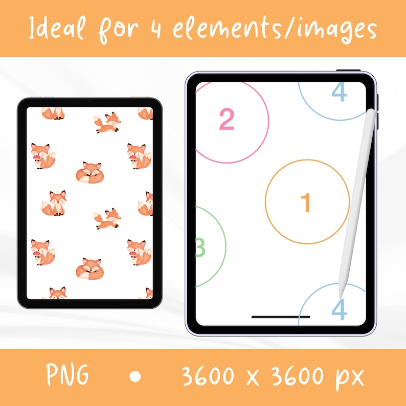 Peut inclure: Deux tablettes pr&eacute;sent&eacute;es sur un fond orange. La tablette de gauche affiche un motif r&eacute;p&eacute;titif de renards orange sur fond blanc. La tablette de droite pr&eacute;sente quatre cercles num&eacute;rot&eacute;s en rose, orange, vert et bleu, avec un stylet blanc.