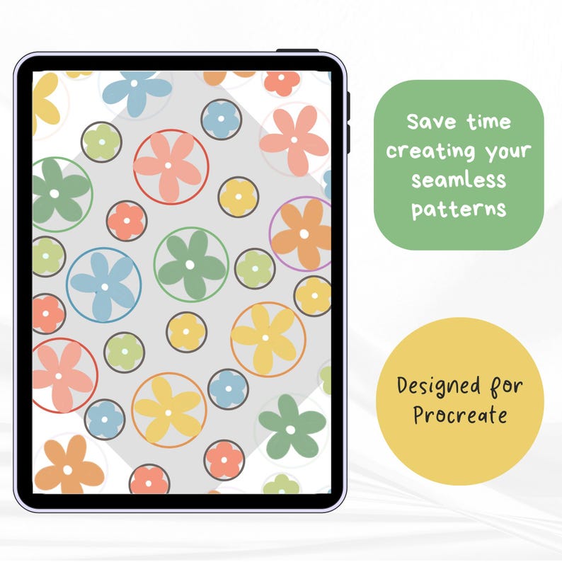 May include: A tablet screen displaying a seamless pattern of colorful five-petaled flowers in shades of blue, green, yellow, and orange, with text boxes stating: Save time creating your seamless patterns and Designed for Procreate.