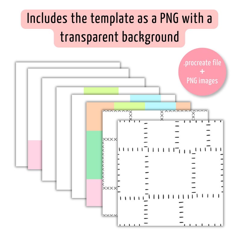 May include: A digital template set featuring a Procreate file and PNG images with transparent backgrounds. The collection includes layered square grid designs with black dashed stitch outlines and various pastel colour blocks.