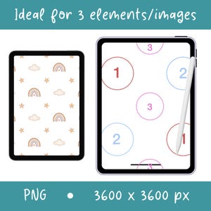 Peut inclure: Deux tablettes num&eacute;riques affichant des mod&egrave;les graphiques. La tablette de gauche montre un motif r&eacute;p&eacute;titif d'arcs-en-ciel, de nuages et d'&eacute;toiles. La droite pr&eacute;sente des cercles num&eacute;rot&eacute;s 1, 2 et 3 avec un stylet blanc. Texte : Ideal for 3 elements/images, PNG, 3600 x 3600 px.