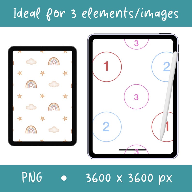 Peut inclure: Deux tablettes num&eacute;riques affichant des mod&egrave;les graphiques. La tablette de gauche montre un motif r&eacute;p&eacute;titif d'arcs-en-ciel, de nuages et d'&eacute;toiles. La droite pr&eacute;sente des cercles num&eacute;rot&eacute;s 1, 2 et 3 avec un stylet blanc. Texte : Ideal for 3 elements/images, PNG, 3600 x 3600 px.
