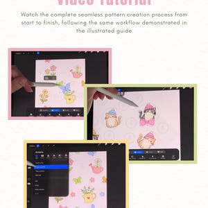 May include: A video tutorial guide featuring three screenshots of a digital illustration process on a tablet. The text reads Video Tutorial and Watch the complete seamless pattern creation process from start to finish, following the same workflow.