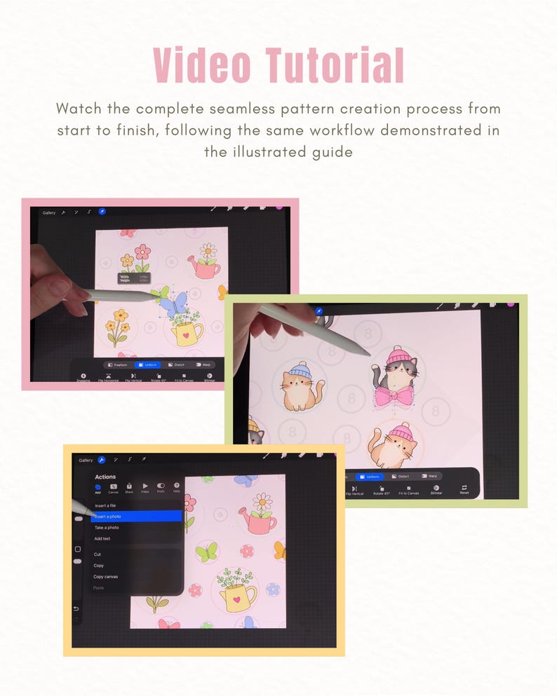 May include: A video tutorial guide featuring three screenshots of a digital illustration process on a tablet. The text reads Video Tutorial and Watch the complete seamless pattern creation process from start to finish, following the same workflow.