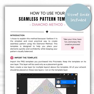 Puede incluir: Un documento de instrucciones digital titulado How to Use Your Seamless Pattern Template - Diamond Method. Incluye una introducci&oacute;n, una gu&iacute;a paso a paso para importar la plantilla a Procreate y una captura de pantalla de la interfaz.