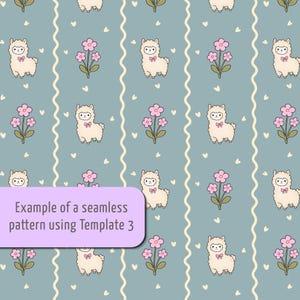 Puede incluir: Un patr&oacute;n continuo sobre un fondo azul polvoriento con ilustraciones repetidas de llamas color crema con lazos rosas, flores rosas con tallos verdes y peque&ntilde;os corazones color crema, separados por l&iacute;neas verticales onduladas color crema. El texto dice: Example of a seamless pattern using Template 3.
