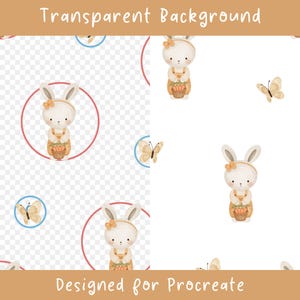 Peut inclure: Un motif num&eacute;rique pr&eacute;sentant une illustration r&eacute;p&eacute;t&eacute;e d'un lapin cr&egrave;me portant une salopette beige et un n&oelig;ud, tenant un panier de carottes orange. Le design inclut des papillons marron clair et des cercles fins rouges et bleus.