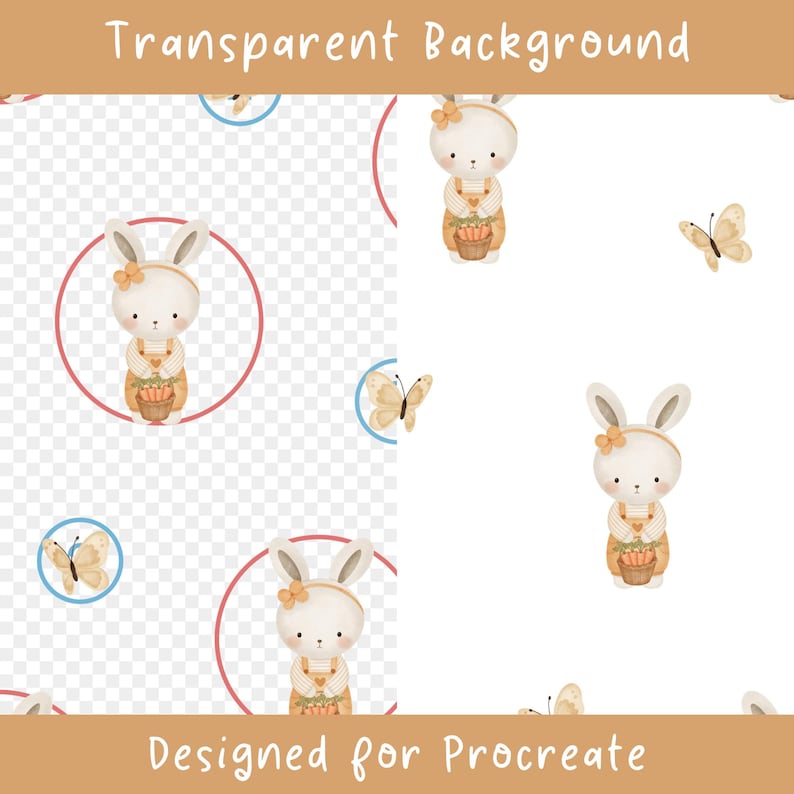 Peut inclure: Un motif num&eacute;rique pr&eacute;sentant une illustration r&eacute;p&eacute;t&eacute;e d'un lapin cr&egrave;me portant une salopette beige et un n&oelig;ud, tenant un panier de carottes orange. Le design inclut des papillons marron clair et des cercles fins rouges et bleus.
