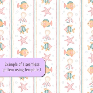 Puede incluir: Un patr&oacute;n continuo con rayas verticales, l&iacute;neas onduladas rosas e ilustraciones de peces naranjas y azules, estrellas de mar rosas y medusas de color rosa claro sobre un fondo blanco. El texto dice: Example of a seamless pattern using Template 1.