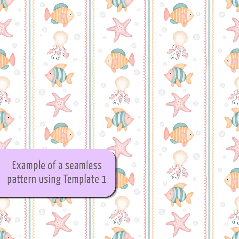Puede incluir: Un patr&oacute;n continuo con rayas verticales, l&iacute;neas onduladas rosas e ilustraciones de peces naranjas y azules, estrellas de mar rosas y medusas de color rosa claro sobre un fondo blanco. El texto dice: Example of a seamless pattern using Template 1.