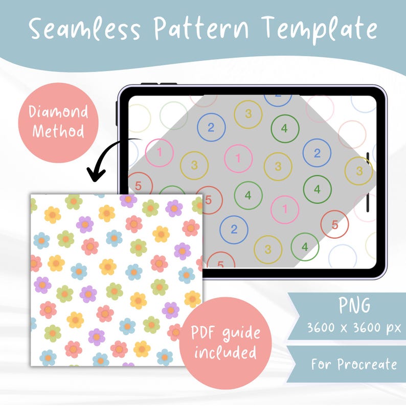 Puede incluir: Una plantilla de patr&oacute;n sin costuras digital para Procreate que muestra una gu&iacute;a de m&eacute;todo de diamante en una pantalla de tableta con c&iacute;rculos numerados y un ejemplo floral. La imagen incluye el texto: Seamless Pattern Template, Diamond Method, PNG 3600 x 3600 px, PDF guide included y For Procreate.
