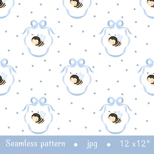May include: A seamless pattern featuring a repeating illustration of a small bee centered within a light blue ribbon bow frame, set against a white background with scattered light blue polka dots. The text Seamless pattern jpg 12 x 12 inches is at the bottom.