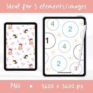 Peut inclure: Deux tablettes num&eacute;riques affichant des designs graphiques. La tablette de gauche pr&eacute;sente un motif d'abeilles, d'enfants en costume d'abeille et de n&oelig;uds roses. La tablette de droite montre des cercles color&eacute;s avec les chiffres 1, 2, 3, 4 et la lettre a, avec un stylet.