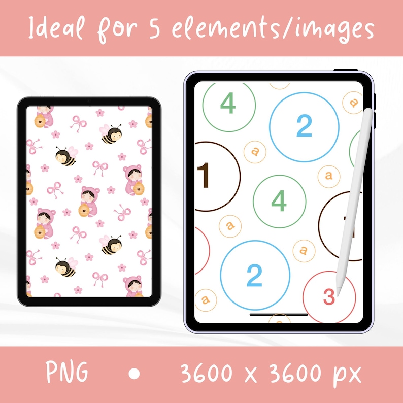 Peut inclure: Deux tablettes num&eacute;riques affichant des designs graphiques. La tablette de gauche pr&eacute;sente un motif d'abeilles, d'enfants en costume d'abeille et de n&oelig;uds roses. La tablette de droite montre des cercles color&eacute;s avec les chiffres 1, 2, 3, 4 et la lettre a, avec un stylet.