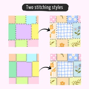 May include: A graphic titled Two stitching styles showing two grid patterns of squares. The top grid uses straight stitch lines, and the bottom grid uses cross-stitch lines. Each grid shows a plain version and a patterned version with flowers.