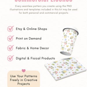 May include: A commercial licence information graphic featuring text and a list of uses with checkmarks. A paper cup and a rectangular card display a seamless pattern of pastel flowers, watering cans, and butterflies on a white background.