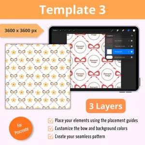 Op de afbeelding: Een digitaal sjabloon voor Procreate met een naadloos patroon van gele bloemen en bruine strikken op een witte achtergrond. De interface toont een canvas van 3600 x 3600 px met drie lagen, inclusief een strikpatroon en plaatsingsgidsen.