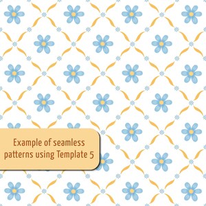 Op de afbeelding: Een naadloos patroon met lichtblauwe bloemen met gele harten in een raster, verbonden door gebogen gele lijnen en kleine blauwe accenten op een witte achtergrond. Een beige rechthoekig label toont de tekst Example of seamless patterns using Template 5.