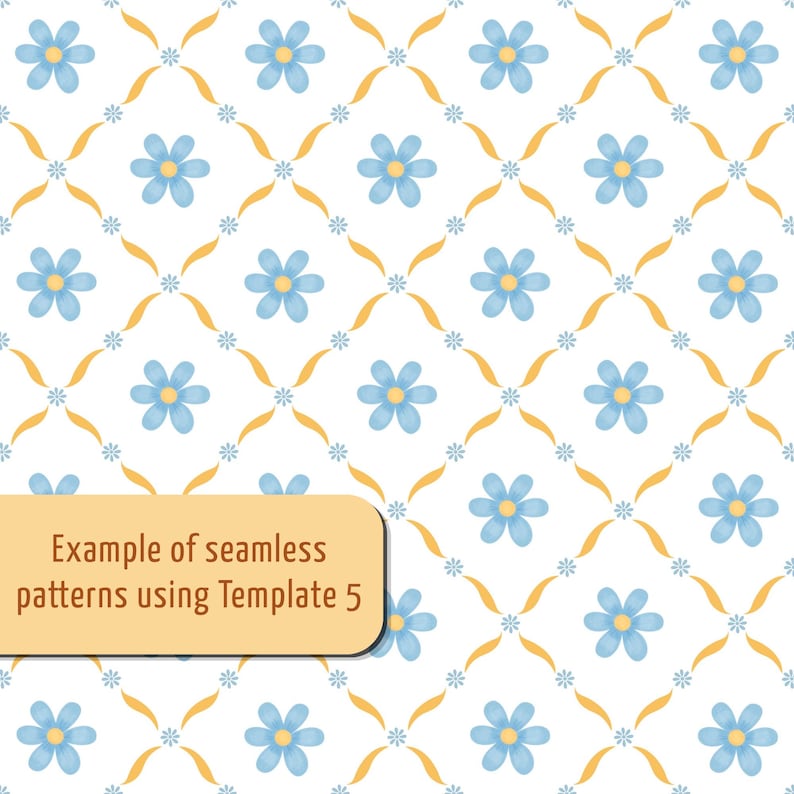 Op de afbeelding: Een naadloos patroon met lichtblauwe bloemen met gele harten in een raster, verbonden door gebogen gele lijnen en kleine blauwe accenten op een witte achtergrond. Een beige rechthoekig label toont de tekst Example of seamless patterns using Template 5.