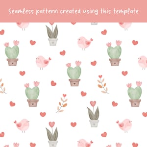 K&ouml;nnte beinhalten: Ein nahtloses Muster mit Aquarellillustrationen von hellgr&uuml;nen herzf&ouml;rmigen Kakteen in braunen T&ouml;pfen, kleinen rosa V&ouml;geln und roten Herzen auf wei&szlig;em Grund. Der Text Seamless pattern created using this template steht am oberen Rand.