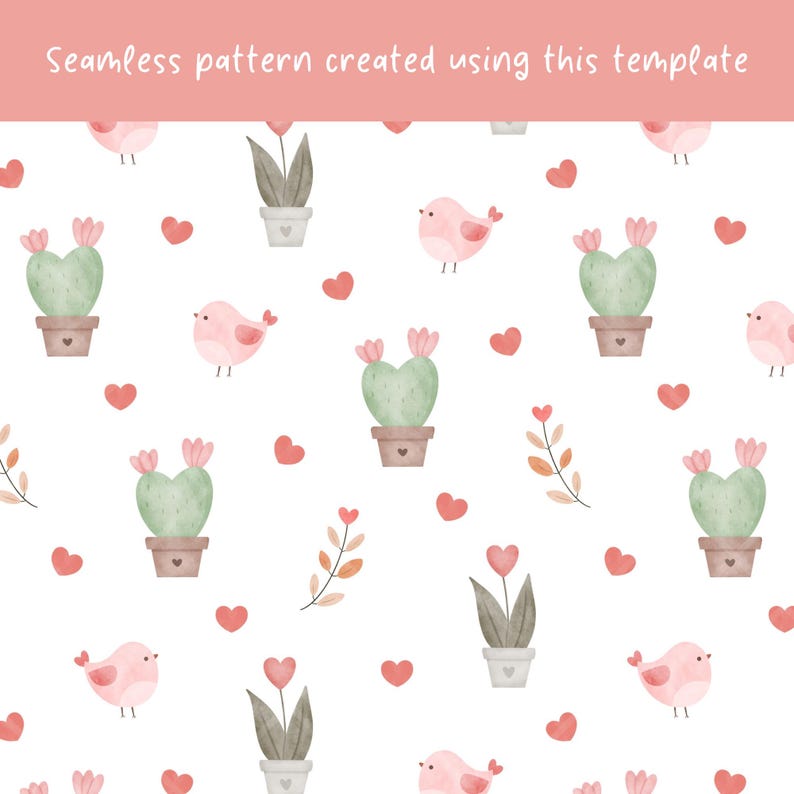 K&ouml;nnte beinhalten: Ein nahtloses Muster mit Aquarellillustrationen von hellgr&uuml;nen herzf&ouml;rmigen Kakteen in braunen T&ouml;pfen, kleinen rosa V&ouml;geln und roten Herzen auf wei&szlig;em Grund. Der Text Seamless pattern created using this template steht am oberen Rand.