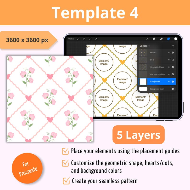 Op de afbeelding: Een digitaal ontwerpsjabloon voor Procreate genaamd Template 4, 3600 x 3600 px, met 5 lagen. De interface toont een naadloos patroon van roze bloemen in een roze golvend ruitpatroon met hartjes en een lagenpaneel voor aanpassingen.