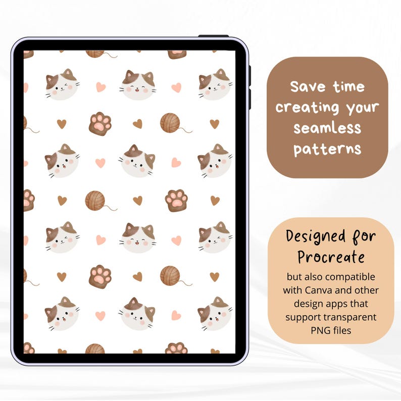 K&ouml;nnte beinhalten: Ein digitales Tablet mit einem nahtlosen Muster aus braun-wei&szlig;en Katzengesichtern, Pfotenabdr&uuml;cken, Wollkn&auml;ueln und kleinen Herzen auf wei&szlig;em Grund. Der Text lautet: Save time creating your seamless patterns. Designed for Procreate.