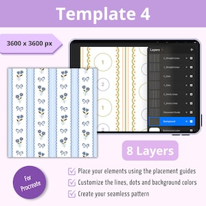 Puede incluir: Una plantilla de dise&ntilde;o digital para Procreate llamada Template 4, que presenta un patr&oacute;n sin costuras de 3600 x 3600 px con flores azules y lazos sobre fondos a rayas, junto a un panel de capas que muestra 8 capas para l&iacute;neas y puntos.