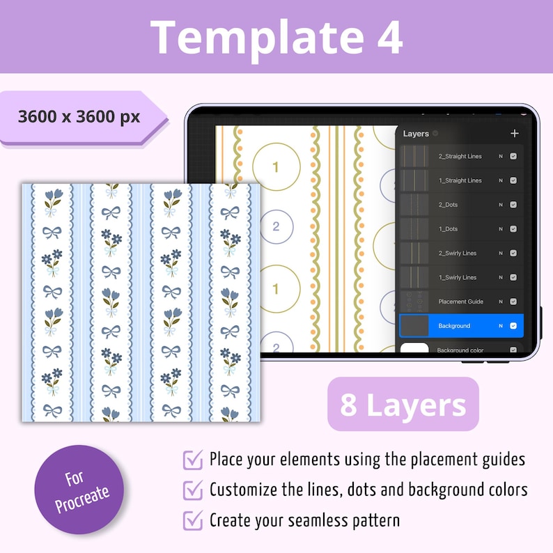 Puede incluir: Una plantilla de dise&ntilde;o digital para Procreate llamada Template 4, que presenta un patr&oacute;n sin costuras de 3600 x 3600 px con flores azules y lazos sobre fondos a rayas, junto a un panel de capas que muestra 8 capas para l&iacute;neas y puntos.
