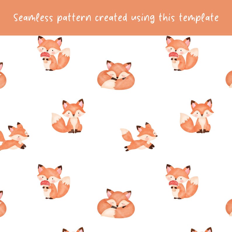 May include: A seamless pattern featuring watercolour illustrations of orange foxes in various poses, including sitting, sleeping, and holding red mushrooms, set against a white background with the text Seamless pattern created using this template.